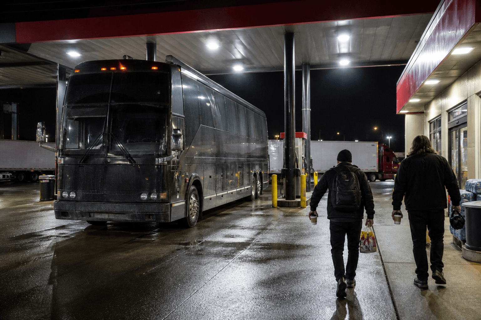 Tour bus parked at a night truck stop with crew walking in